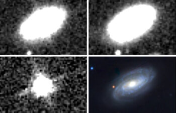 Astronomers at MIT and elsewhere have observed infrared signs of the closest tidal disruption event (TDE) to date. A bright flare was detected from the galaxy NGC 7392 in 2015 (top left panel). Observations of the same galaxy were taken in 2010-2011 (top right)