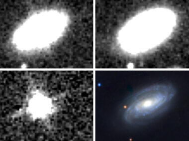 Astronomers at MIT and elsewhere have observed infrared signs of the closest tidal disruption event (TDE) to date. A bright flare was detected from the galaxy NGC 7392 in 2015 (top left panel). Observations of the same galaxy were taken in 2010-2011 (top right)