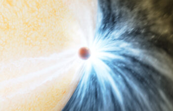 This artist’s impression shows a doomed planet skimming the surface of its star. Astronomers used a combination of telescopes to spot the first direct evidence of an aging