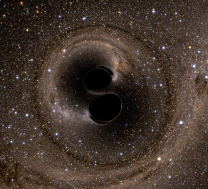 This computer simulation shows the collision of two black holes that produced the gravitational wave signal, GW150914.