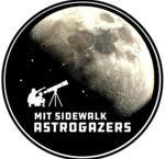 A circular logo with a photo of the moon, a silhouette of two people looking into a telescope pointed at the moon, and "MIT Sidewalk Astrogazers"