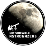 A circular logo with a photo of the moon, a silhouette of two people looking into a telescope pointed at the moon, and "MIT Sidewalk Astrogazers"