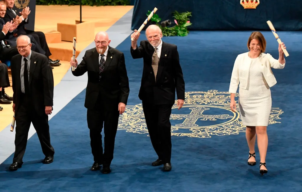 Dr. Weiss, left, was a recipient of Spain’s 2017 Princess of Asturias Award for Technical & Scientific Research, presented by King Felipe VI in Oviedo, Spain. Other recipients, from left, were Dr. Thorne, Dr. Barish and another physicist, Dr. Laura Cadonati, all of whom were cited for their work with the LIGO project. Credit...Miguel Riopa/Agence France-Presse — Getty Images