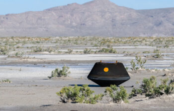 The sample return capsule from NASA’s OSIRIS-REx mission, shown blackened from its reentry through Earth’s atmosphere, parachuted safely down to the Utah desert on Sunday, Sept. 24, 2023. The capsule contains about 250 grams of regolith, or soil, from the near-Earth asteroid Bennu, which the mission’s spacecraft collected in October 2020. The sample’s primitive contents could give clues to the first materials that shaped the early solar system.