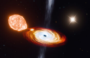 Depicted in this artist’s rendering is the central black hole, V404 Cygni (black dot), in the process of consuming a nearby star (orange body at left), while a second star (upper white flash) orbits at a much farther distance.