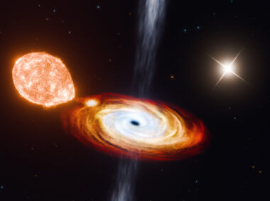 Depicted in this artist’s rendering is the central black hole, V404 Cygni (black dot), in the process of consuming a nearby star (orange body at left), while a second star (upper white flash) orbits at a much farther distance.