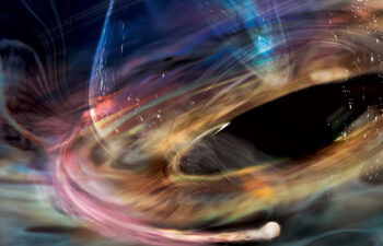 In this artist’s rendering, a stream of matter trails a white dwarf orbiting within the innermost accretion disk surrounding 1ES 1927’s supermassive black hole.