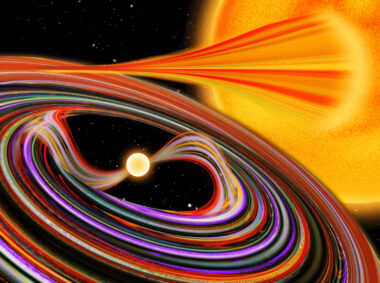 A smaller white dwarf star (left) pulls material from a larger star into a swirling accretion disk. The pair is called an “intermediate polar,” and MIT astronomers used powerful telescopes to measure the system’s X-ray polarization for the first time, revealing key features at the center of its hottest, most extreme regions.