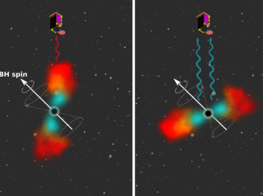 This schematic figure depicts the precession of an accretion disk formed from the debris of a disrupted star around a supermassive black hole (SMBH). The left panel shows the precession phase when the accretion disk is close to an edge-on configuration, which results in the smaller disk area being observed and thus lower luminosity. The observer can see mostly the colder, outer parts of the precessing disk. The right panel depicts a nearly face-on precession phase, when the visible disk area is larger and hence the luminosity also increases. The inner, warmer parts of the disk are then fully exposed.
