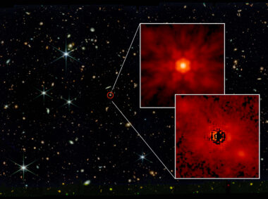 A James Webb Telescope image shows the J0148 quasar circled in red. Two insets show, on top, the central black hole, and on bottom, the stellar emission from the host galaxy.