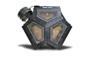 The Plasma Science Experiment showing the three sunward-pointed cups pointing in slightly different directions to measure the direction of the solar wind. The fourth cup (on the upper left) points perpendicular to the others.