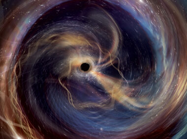 This illustration portrays GW250114, a powerful collision between two black holes recently observed in gravitational waves. Ten years after LIGO’s landmark detection of the first gravitational waves, the observatory’s improved detectors allowed it to “hear” this celestial collision with unprecedented clarity. Though only LIGO was online during GW250114, it now routinely operates as part of a network with other gravitational-wave detectors, including Europe’s Virgo and Japan’s KAGRA.