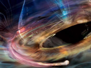 In this artist’s rendering, a stream of matter trails a white dwarf orbiting within the innermost accretion disk surrounding 1ES 1927’s supermassive black hole.