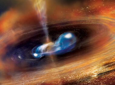 Two neutron stars begin to merge in this artist’s concept, blasting jets of high-speed particles and producing a cloud of debris.