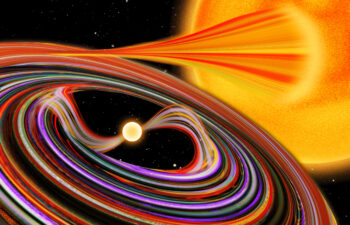 A smaller white dwarf star (left) pulls material from a larger star into a swirling accretion disk. The pair is called an “intermediate polar,” and MIT astronomers used powerful telescopes to measure the system’s X-ray polarization for the first time, revealing key features at the center of its hottest, most extreme regions.