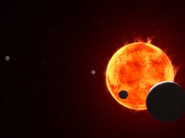 New research using the James Webb Telescope rules out possible atmospheric conditions of the exoplanet TRAPPIST-1e, depicted at the lower right as it transits in front of its host star. While it is still possible for the planet to have an atmosphere, it is unlikely to be a thick, hydrogen-rich one.