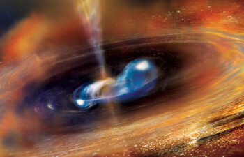 Two neutron stars begin to merge in this artist’s concept, blasting jets of high-speed particles and producing a cloud of debris.