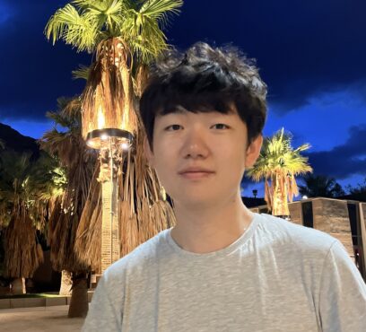 A photo of Te wearing a grey shirt in front of palm trees at night.