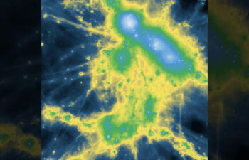 Simulated gas distribution (blue, green, and yellow colors) around galaxies (white dots on the image). The study finds that gas in our Universe extends farther from galaxies than most simulations predict, indicating strong activity from galaxies that have expelled gas away from galaxy groups.