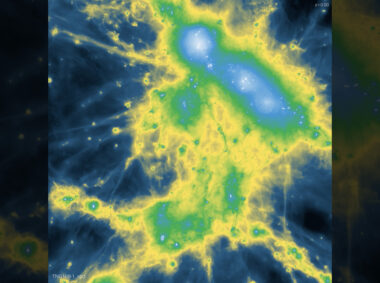 Simulated gas distribution (blue, green, and yellow colors) around galaxies (white dots on the image). The study finds that gas in our Universe extends farther from galaxies than most simulations predict, indicating strong activity from galaxies that have expelled gas away from galaxy groups.
