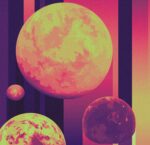colorized planets in shades of yellow, orange, and purple against vertical columns