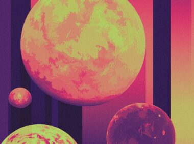 colorized planets in shades of yellow, orange, and purple against vertical columns