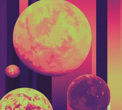colorized planets in shades of yellow, orange, and purple against vertical columns
