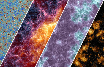 A composite image of Lumina’s scales of simulation, depicting (from left to right) the streaming velocities of subatomic particles and dark matter in the beginning of simulation