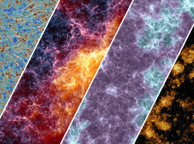 A composite image of Lumina’s scales of simulation, depicting (from left to right) the streaming velocities of subatomic particles and dark matter in the beginning of simulation