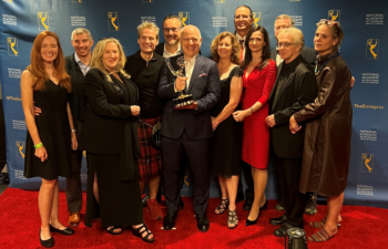 “The Hunt for Planet B” team celebrates their Emmy Award at the Palladium Times Square in New York City.